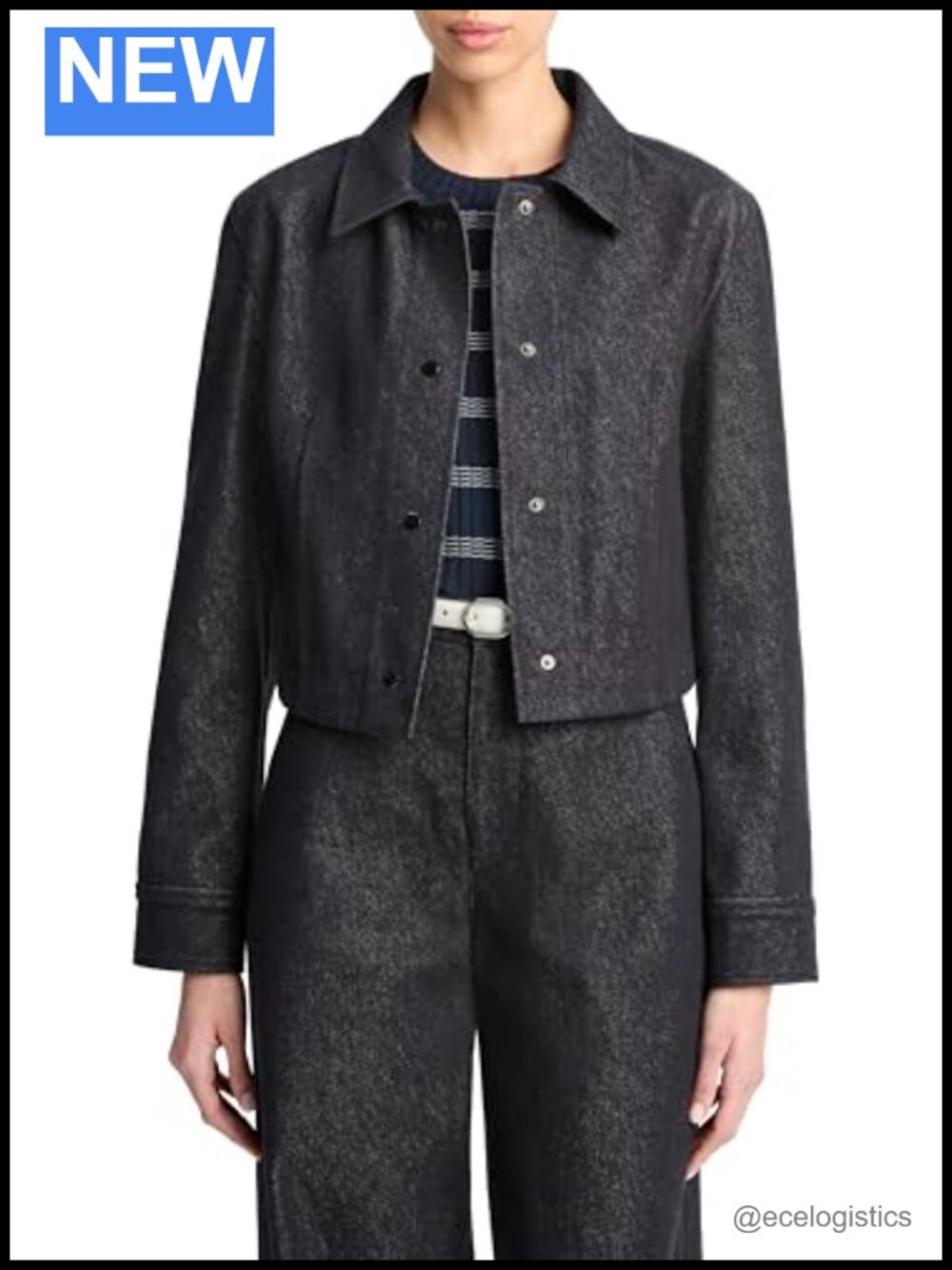 Cropped Slim Shirt Jacket 100% Cotton Snap Closure